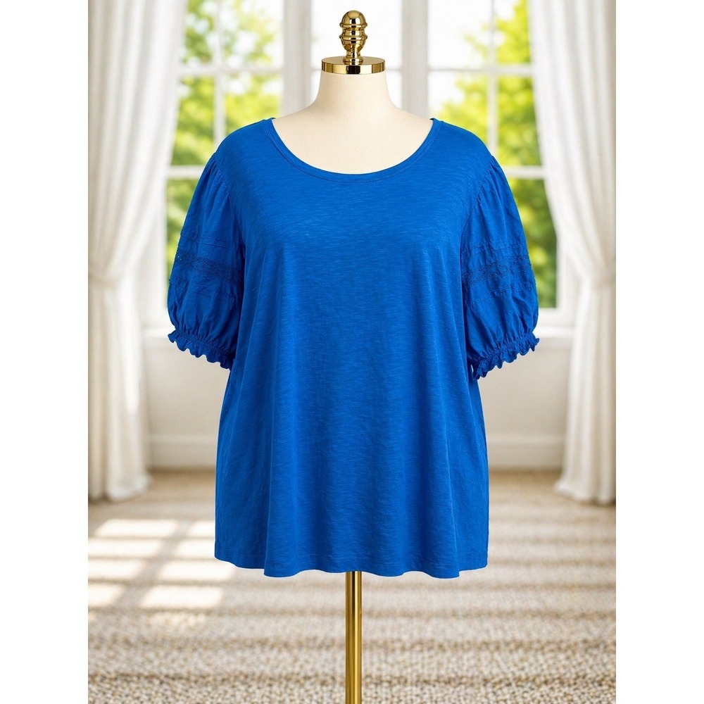 Lauren Ralph Lauren Popover Top T-Shirt Size‎ XL Blue Puff Sleeve Crochet Lace
